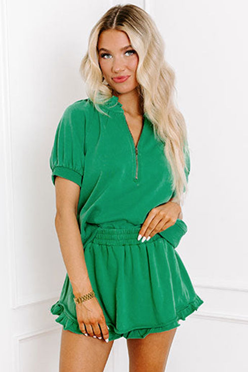 Half Zip Puff Sleeve Top and Ruffled Shorts Set
